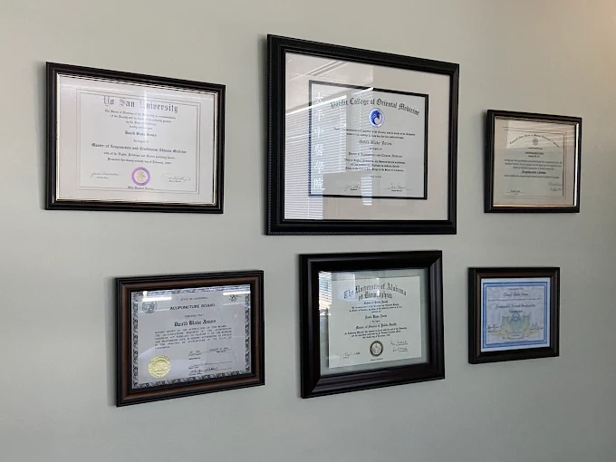 Current Google profile photo: six framed degrees, licenses and certifications on the clinic wall